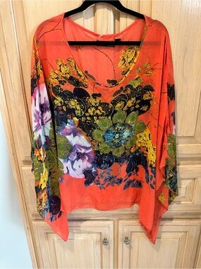 Women's Floral Sheer Scoop-Neck Blouse in Coral